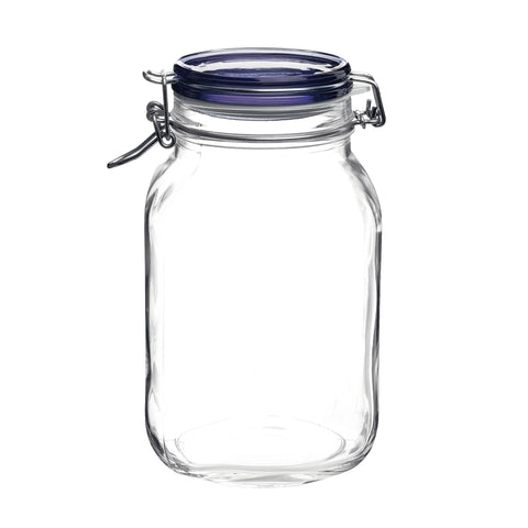 Bormioli Rocco Fido square jar with blue lid for pantry storage.