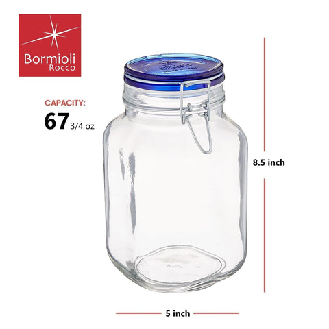 Front view shows blue lid on Fido square jar for easy labeling.
