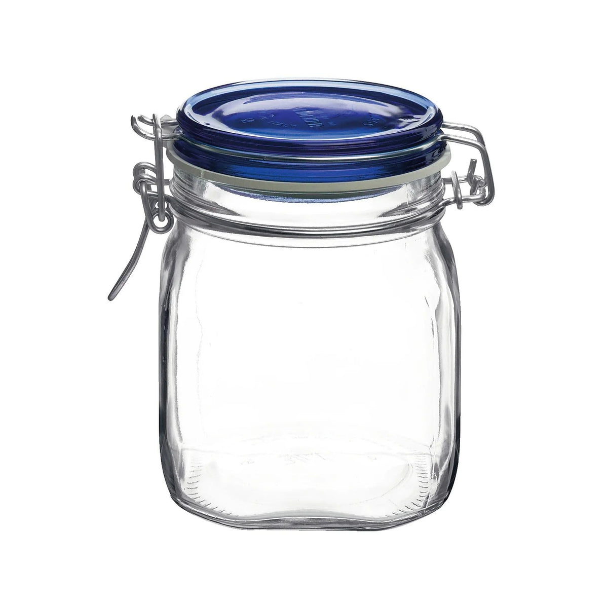 Bormioli Rocco Fido square jar with blue lid shows airtight seal for freshness
