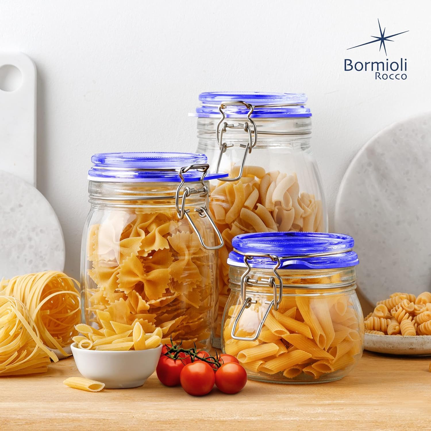 Bormioli Rocco Fido square jaw jar showcases stackable design on shelves