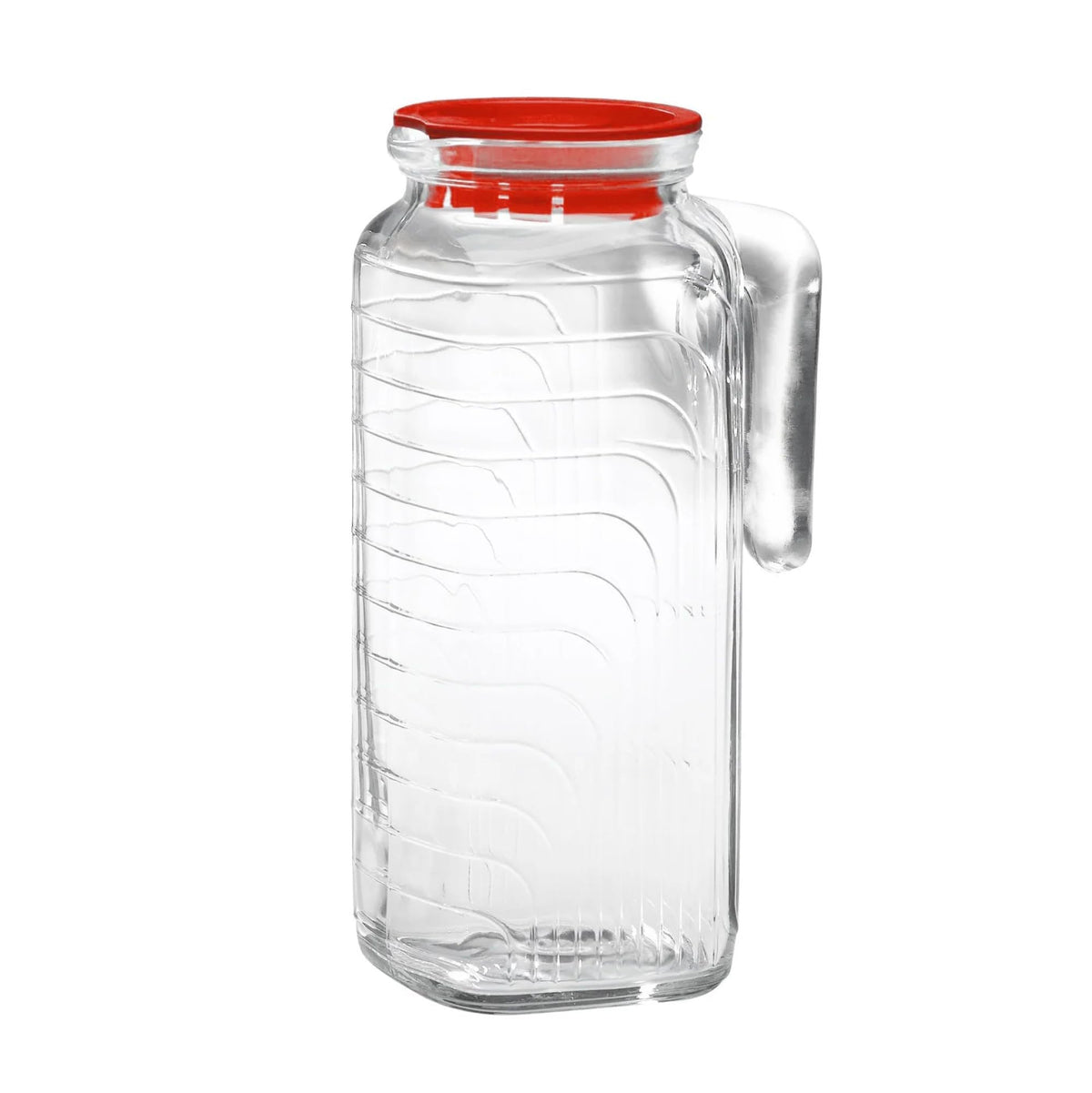 Bormioli Rocco Gelo jug with red lid, ideal for serving beverages clearly and neatly.