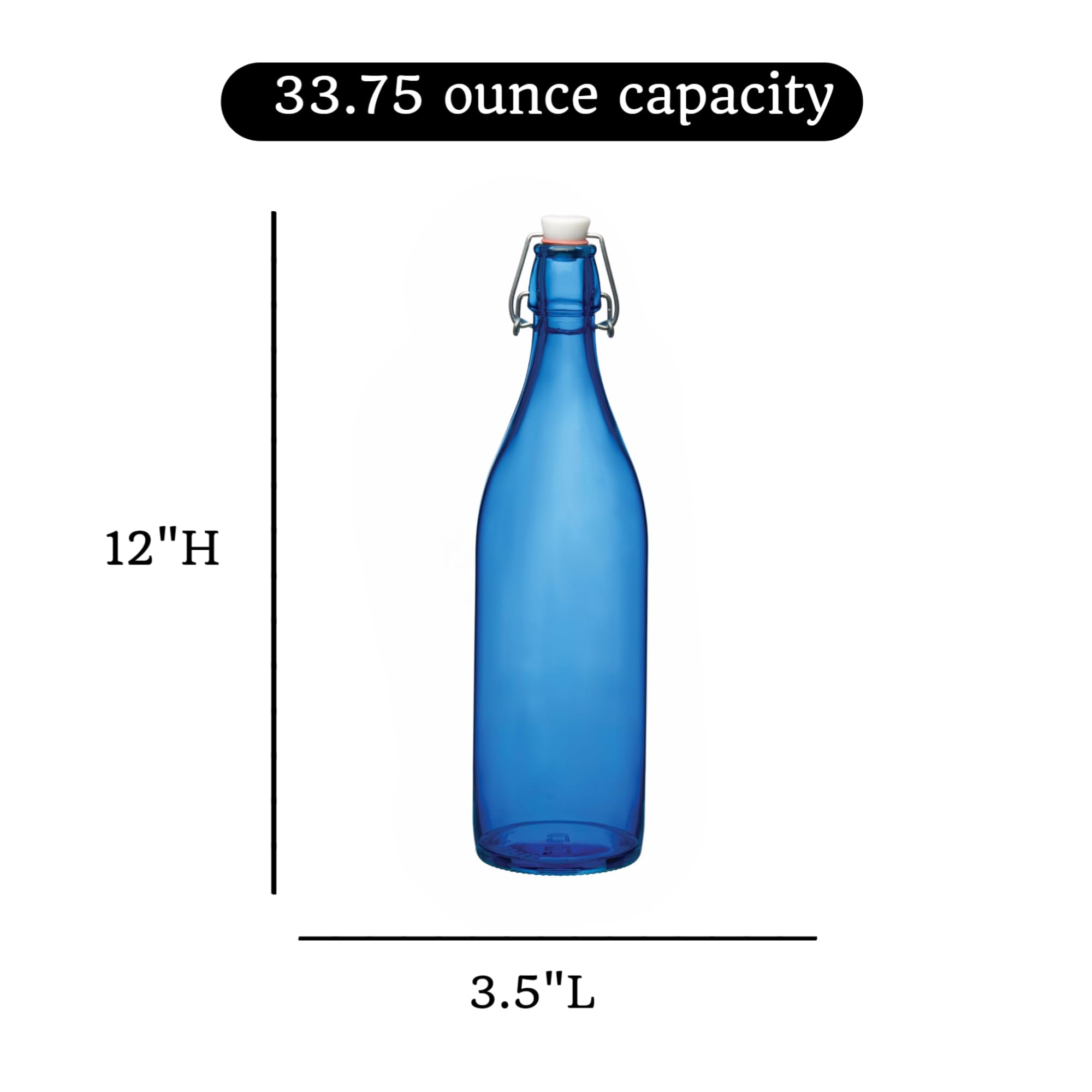 Blue Giara glass bottle highlighting elegant design and juice storage use.