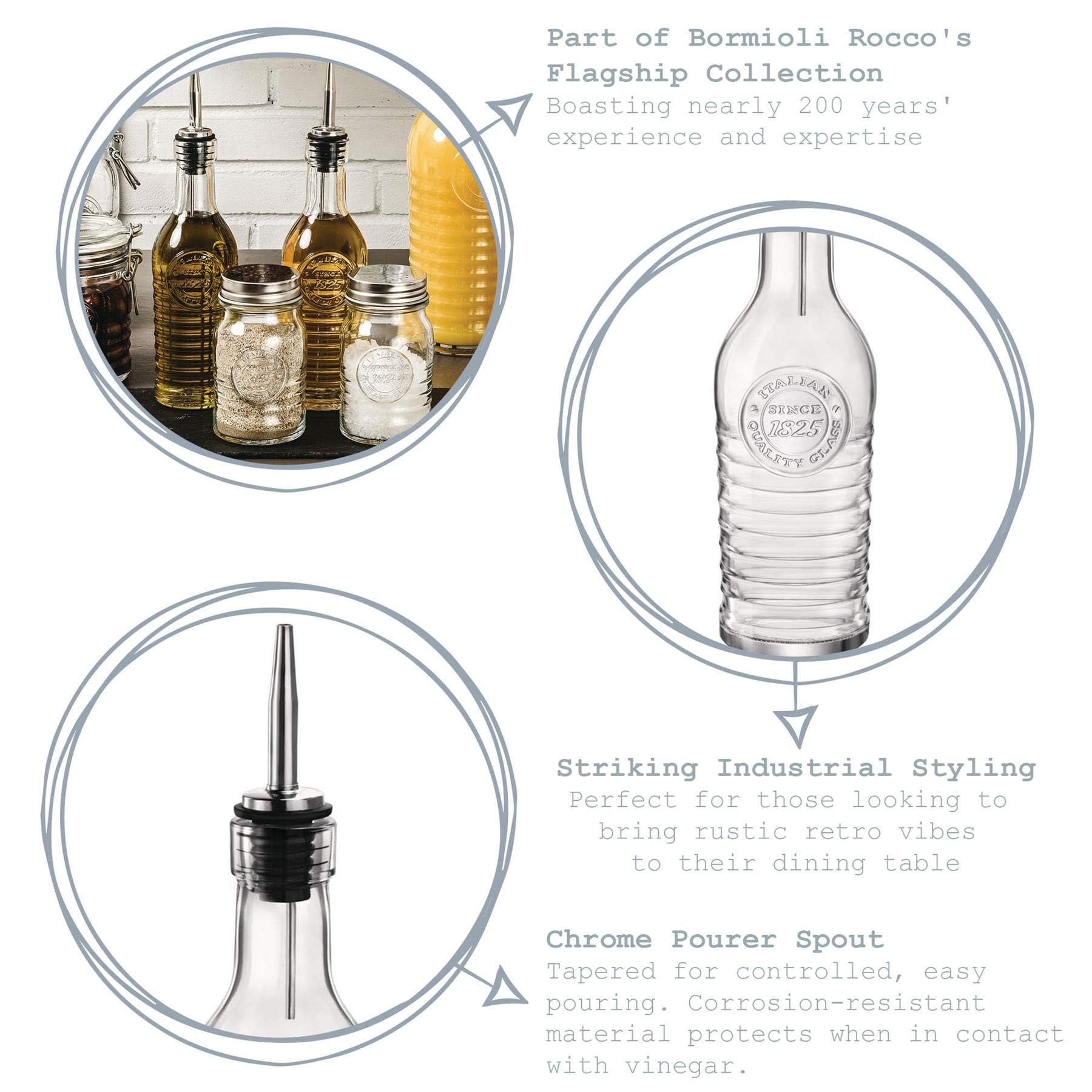 Bormioli Rocco Officina 1825 bottle with stainless steel pour spout for steady flow