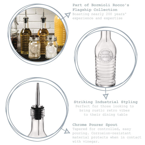 Bormioli Rocco Officina 1825 bottle with stainless steel pour spout for steady flow