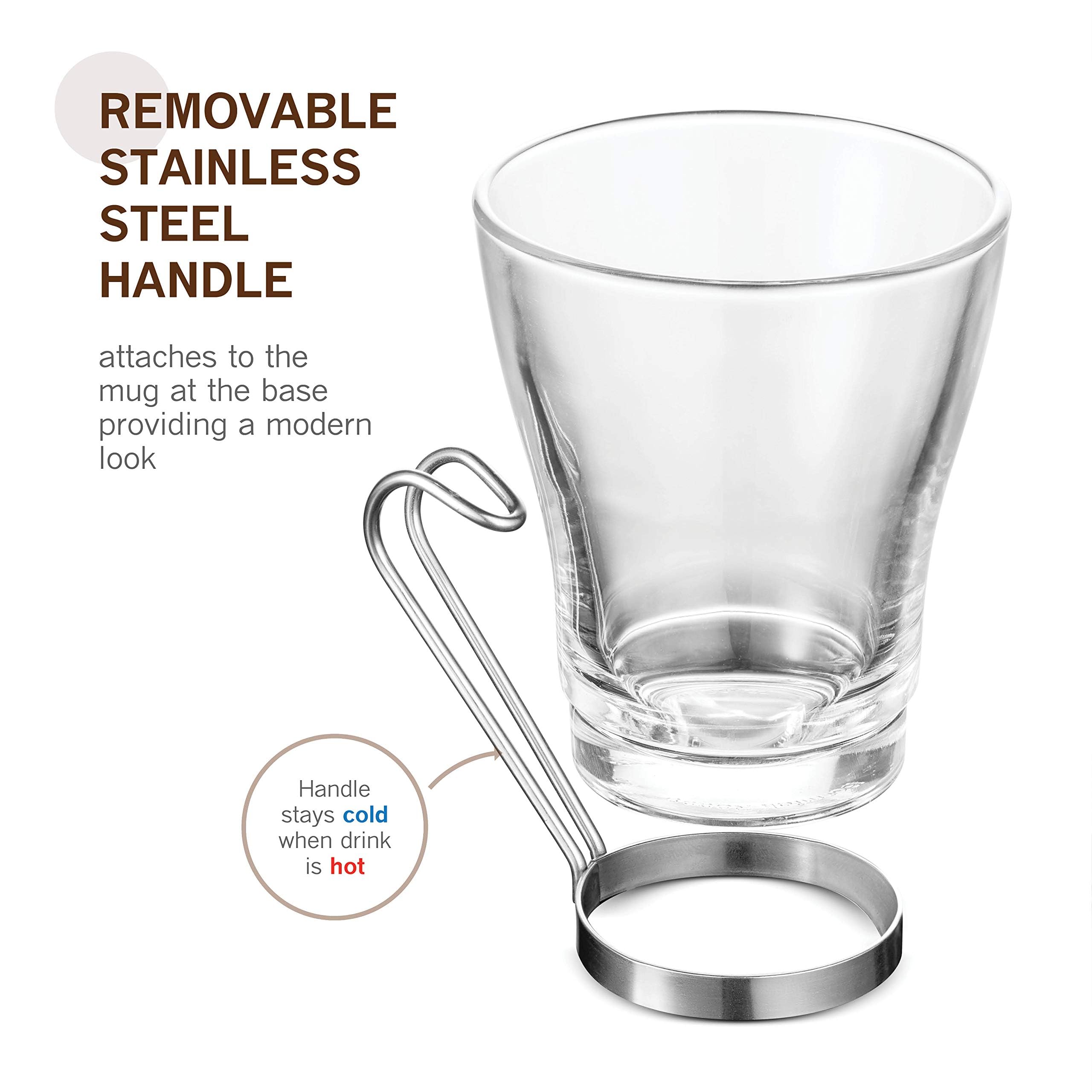 Bormioli Rocco Oslo cups with removable stainless steel handles for flexibility.