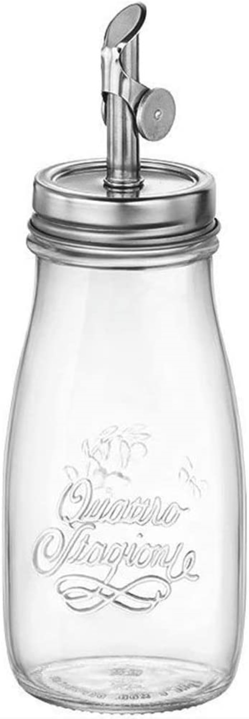 Bormioli Rocco Quattro Stagioni olive oil dispenser with weighted pourer for steady pours.