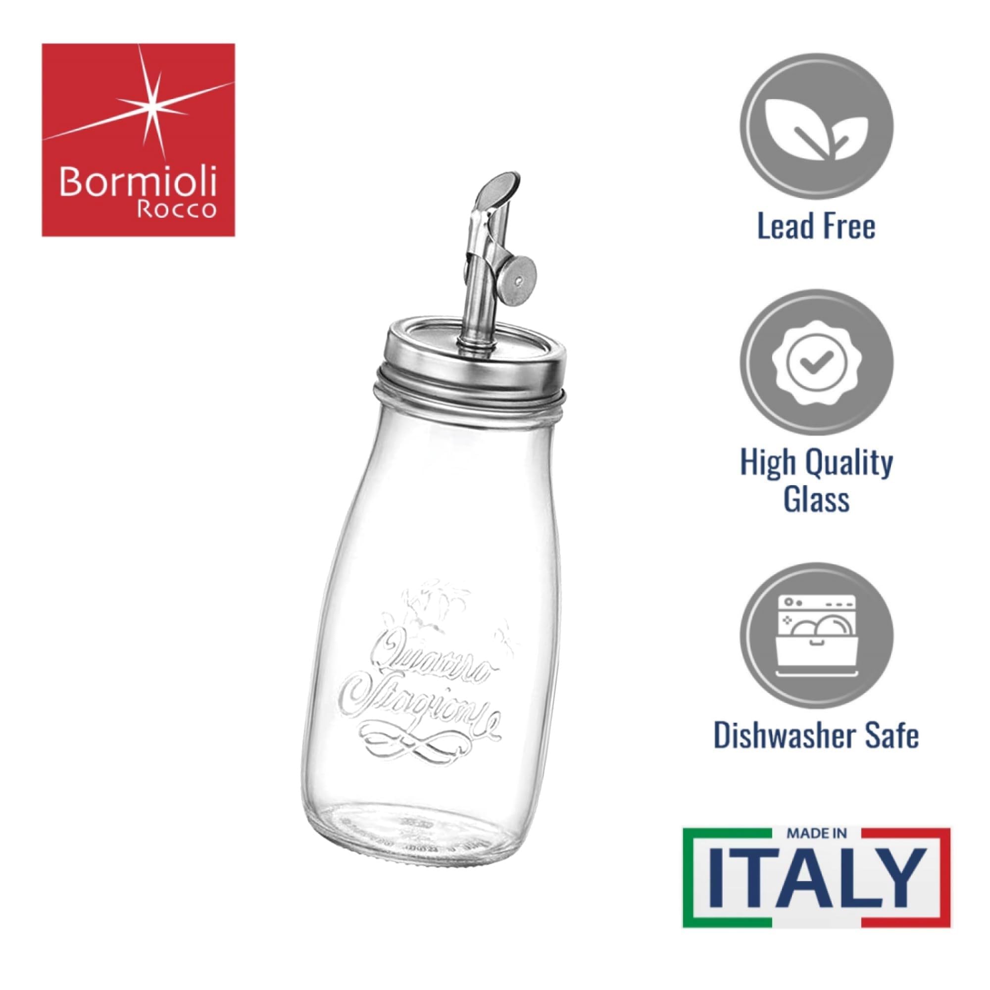 Durable glass construction ideal for storing oils and vinegars.