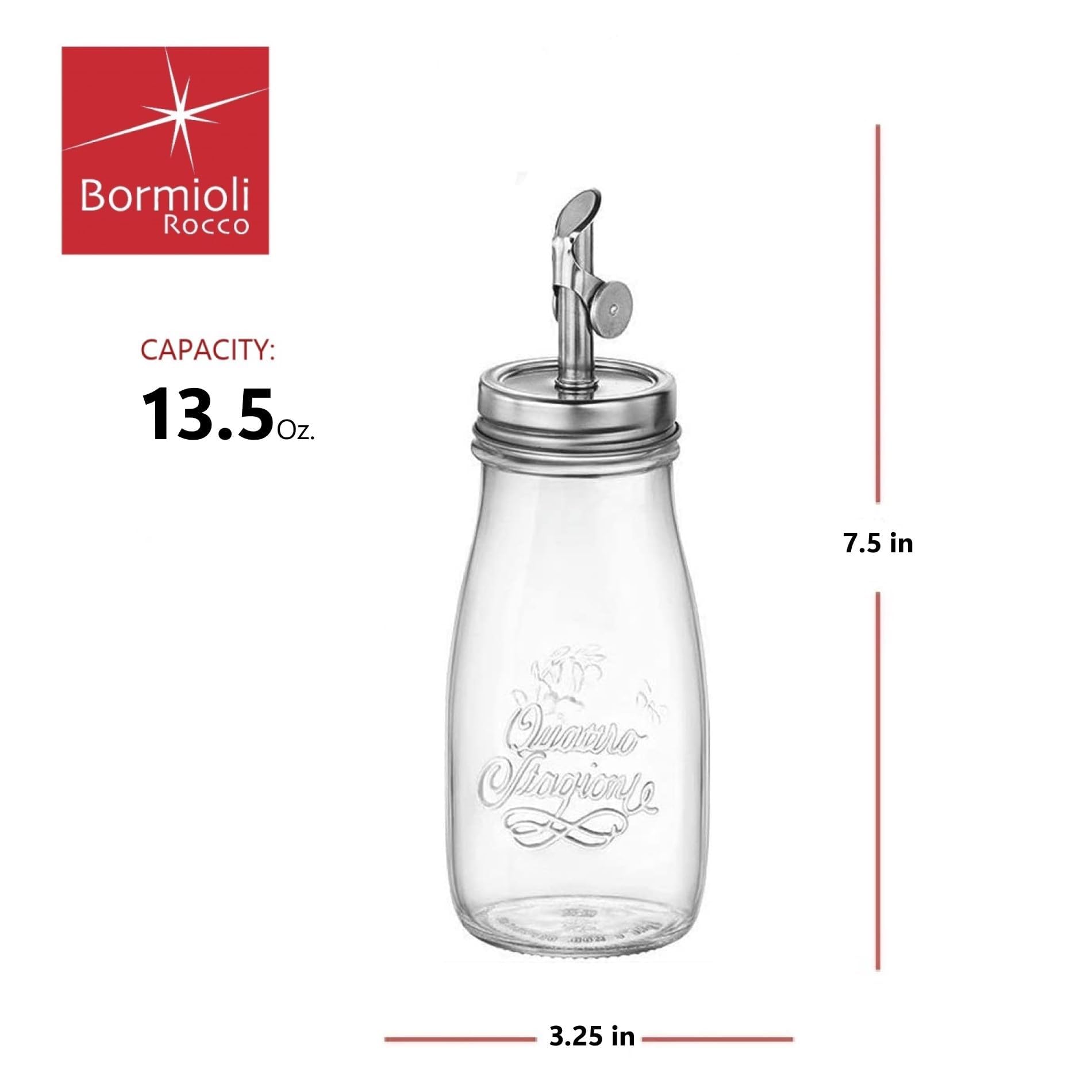 Close-up of the Quattro Stagioni bottle showing the weighted pourer.