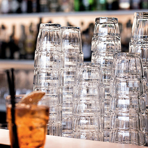 Rock Bar stackable design by Bormioli Rocco saves cabinet space.