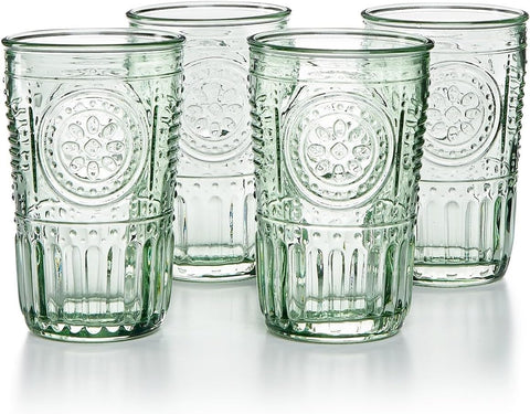 Bormioli Rocco Romantic 11.5oz green tumbler shows vibrant color for cocktails and everyday drinks.