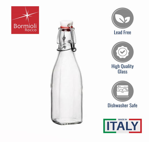 Close-up of secure swing-top closure on a Bormioli Rocco bottle