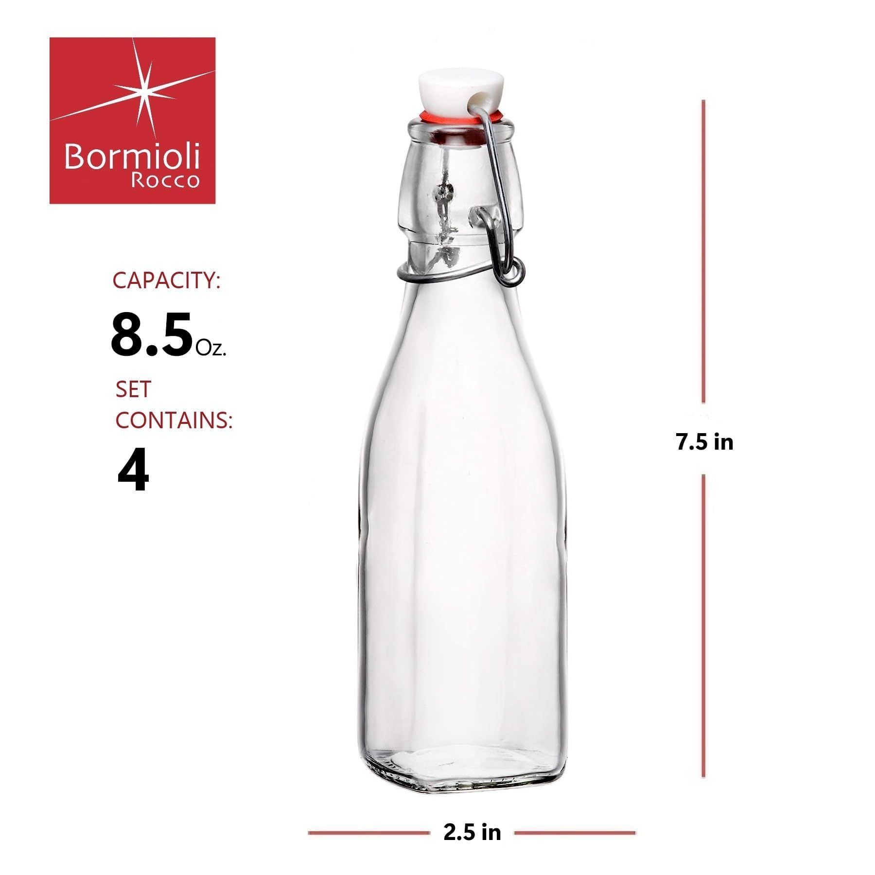 Set of four Bormioli Rocco swing-top bottles arranged for storage