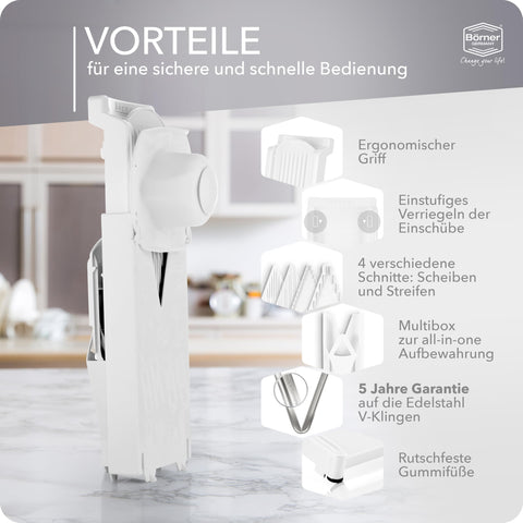 Börner 7mm and 3.5mm inserts provide precise slicing and julienne cuts.