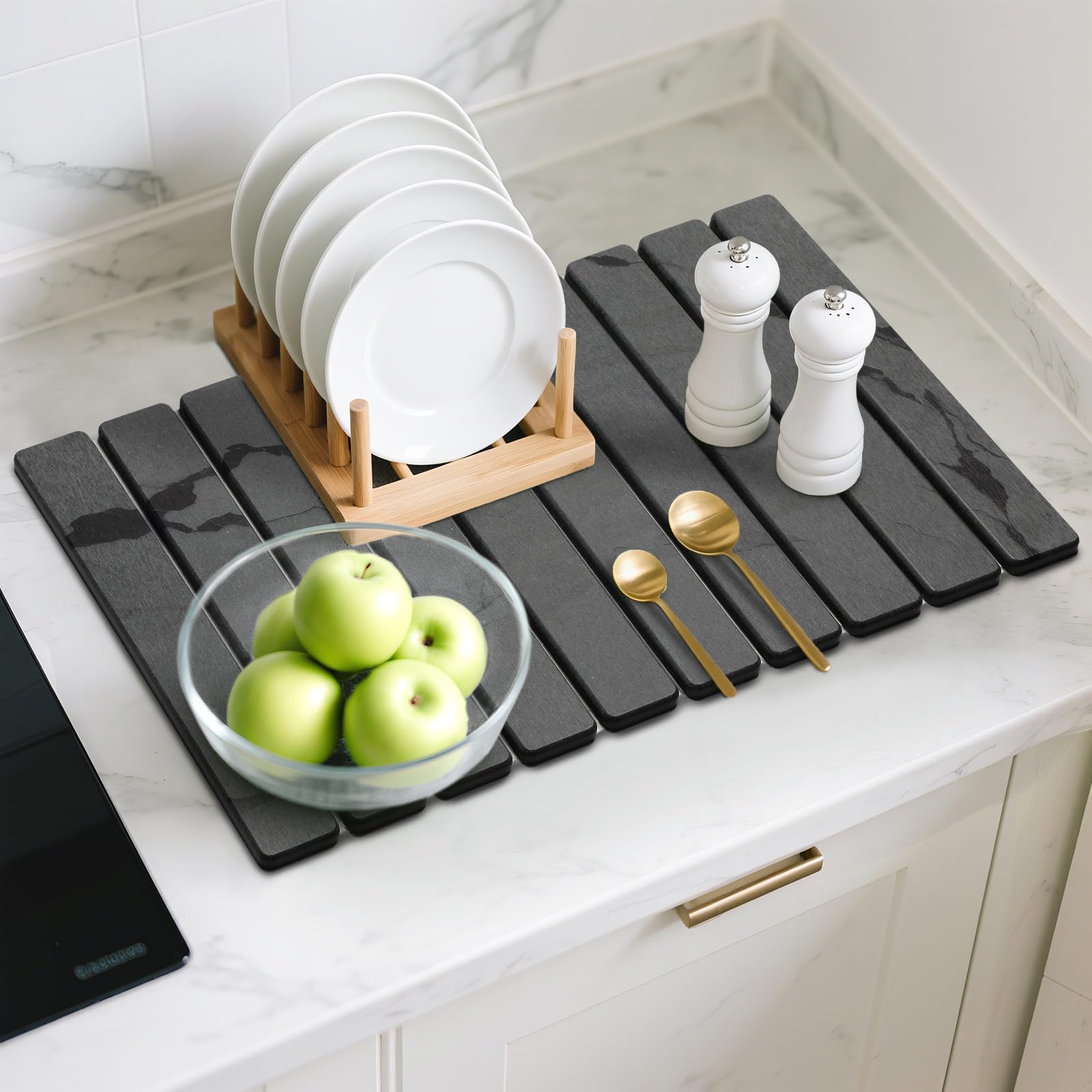 Bornerwhite dark-gray marble pattern mat complements modern kitchens