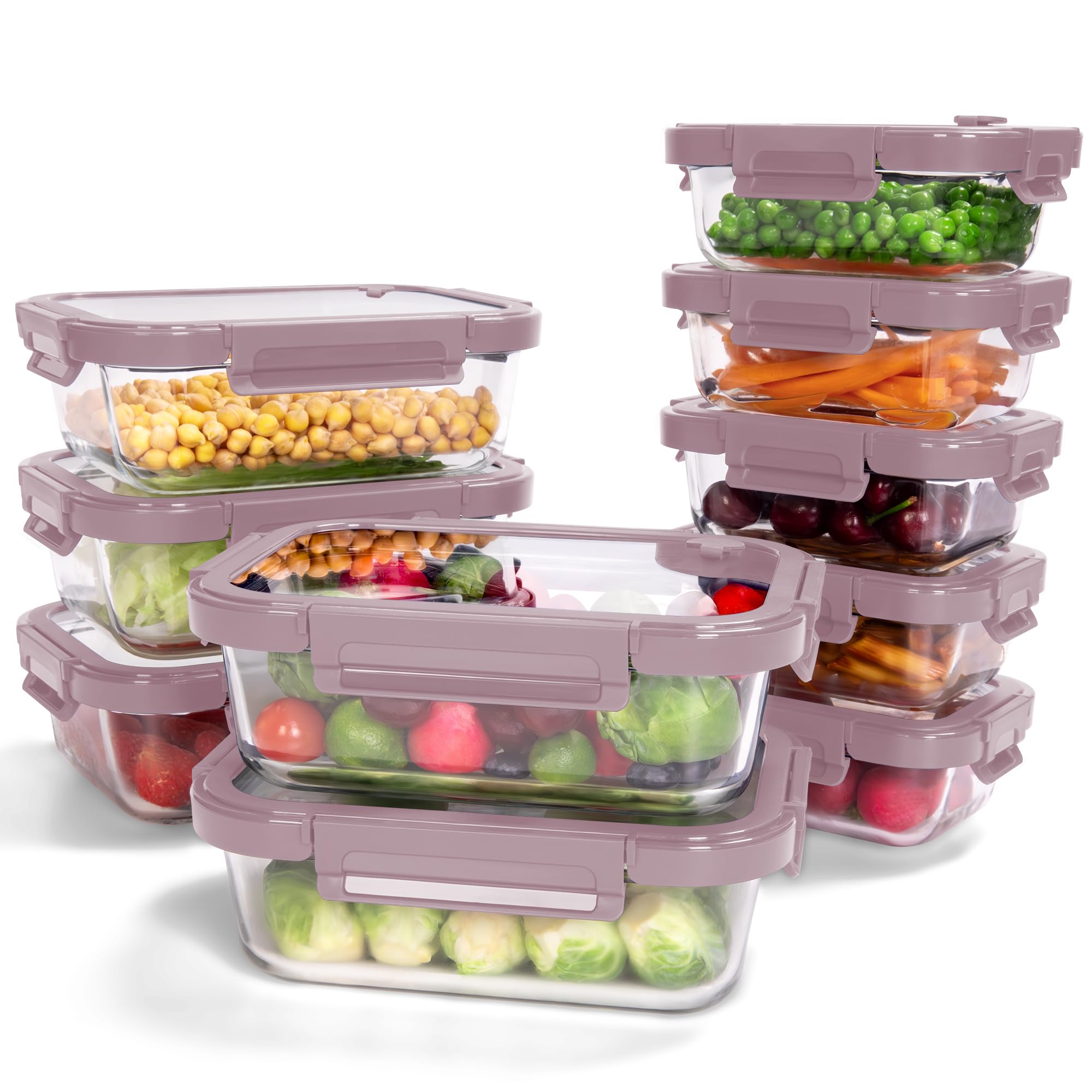 BOROHOUSE 10-pack glass containers with pink lids for meal prep and leftovers.