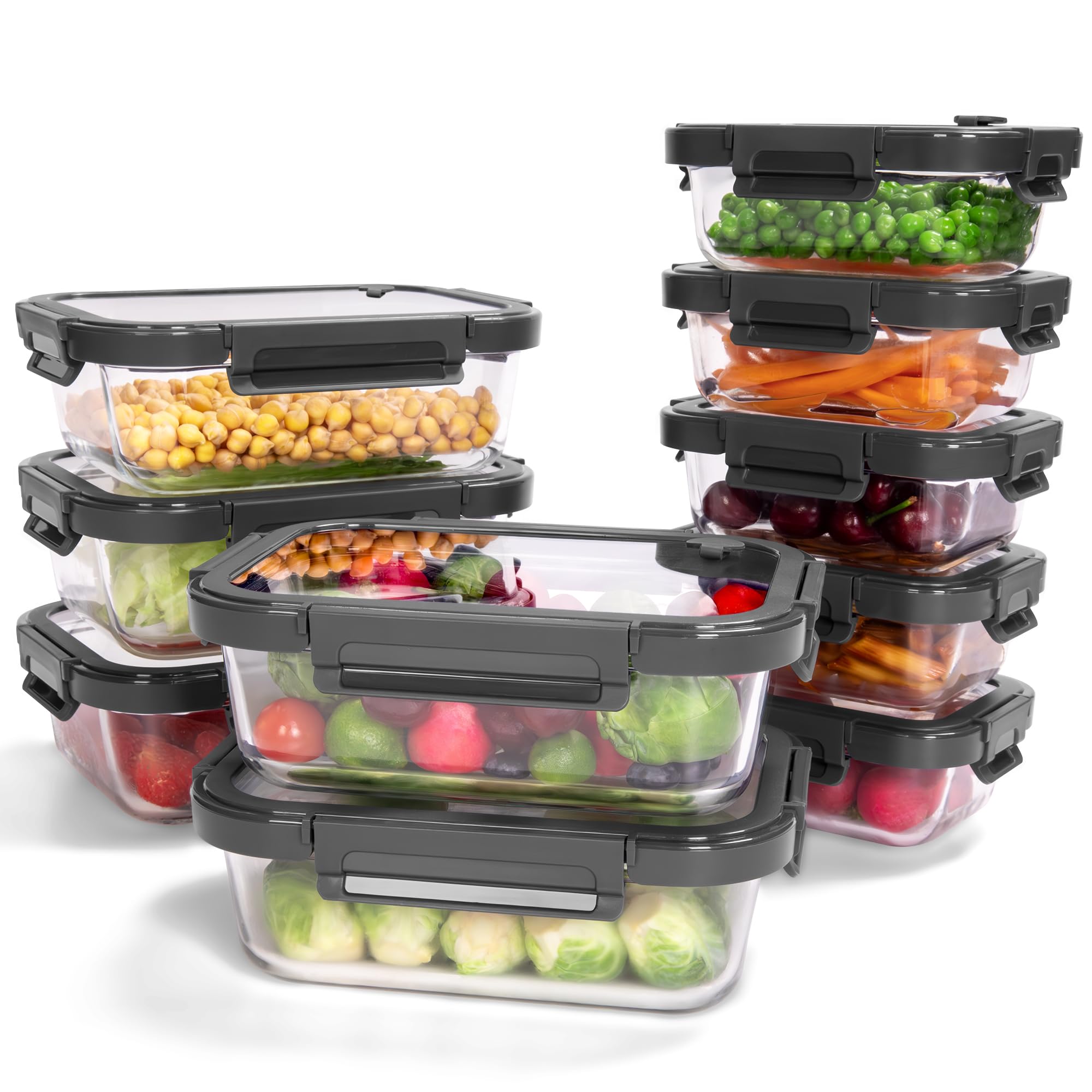 BOROHOUSE 10-pack glass storage containers set for meal prep and leftovers.