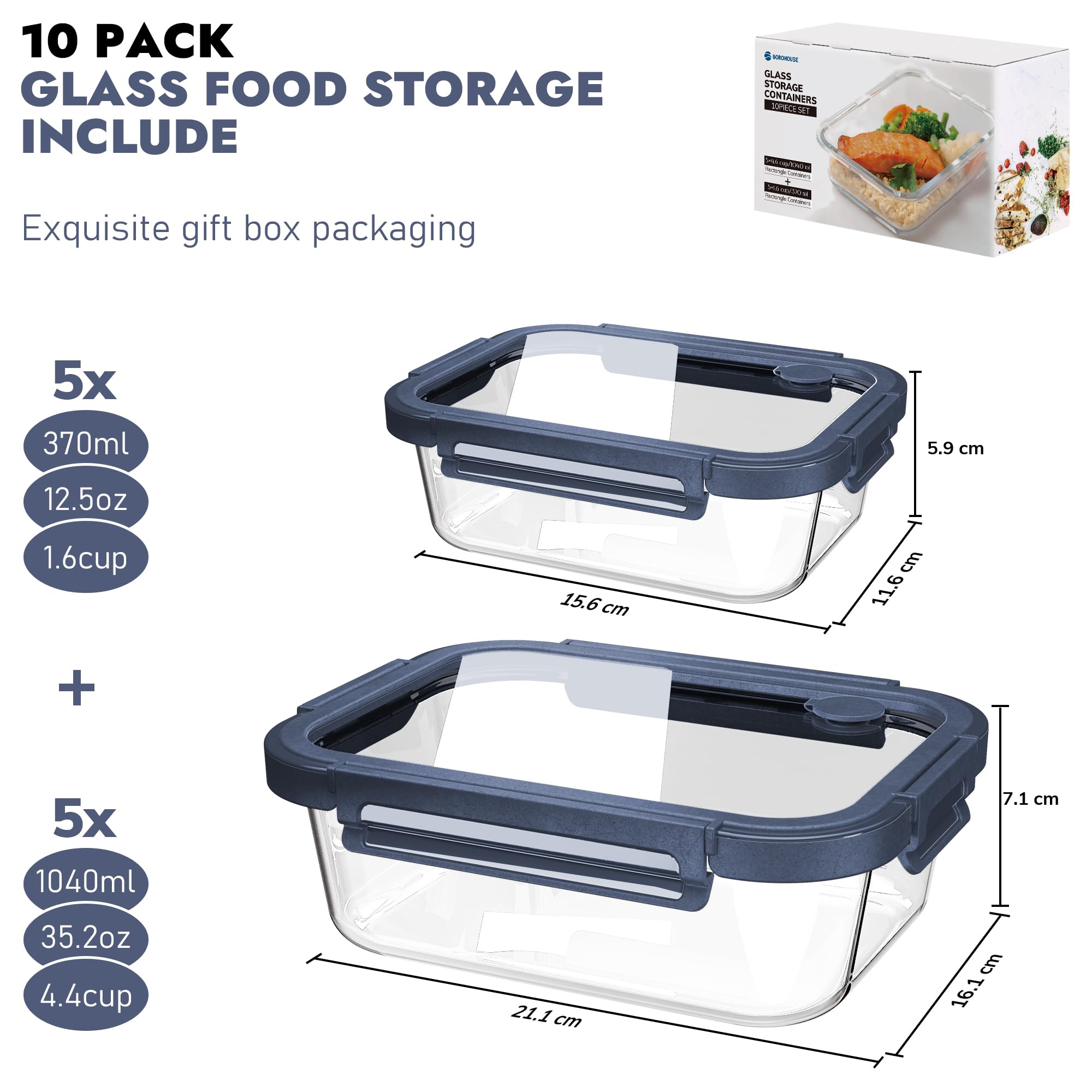 BOROHOUSE 10-pack small 370ml containers ideal for snacks and portions