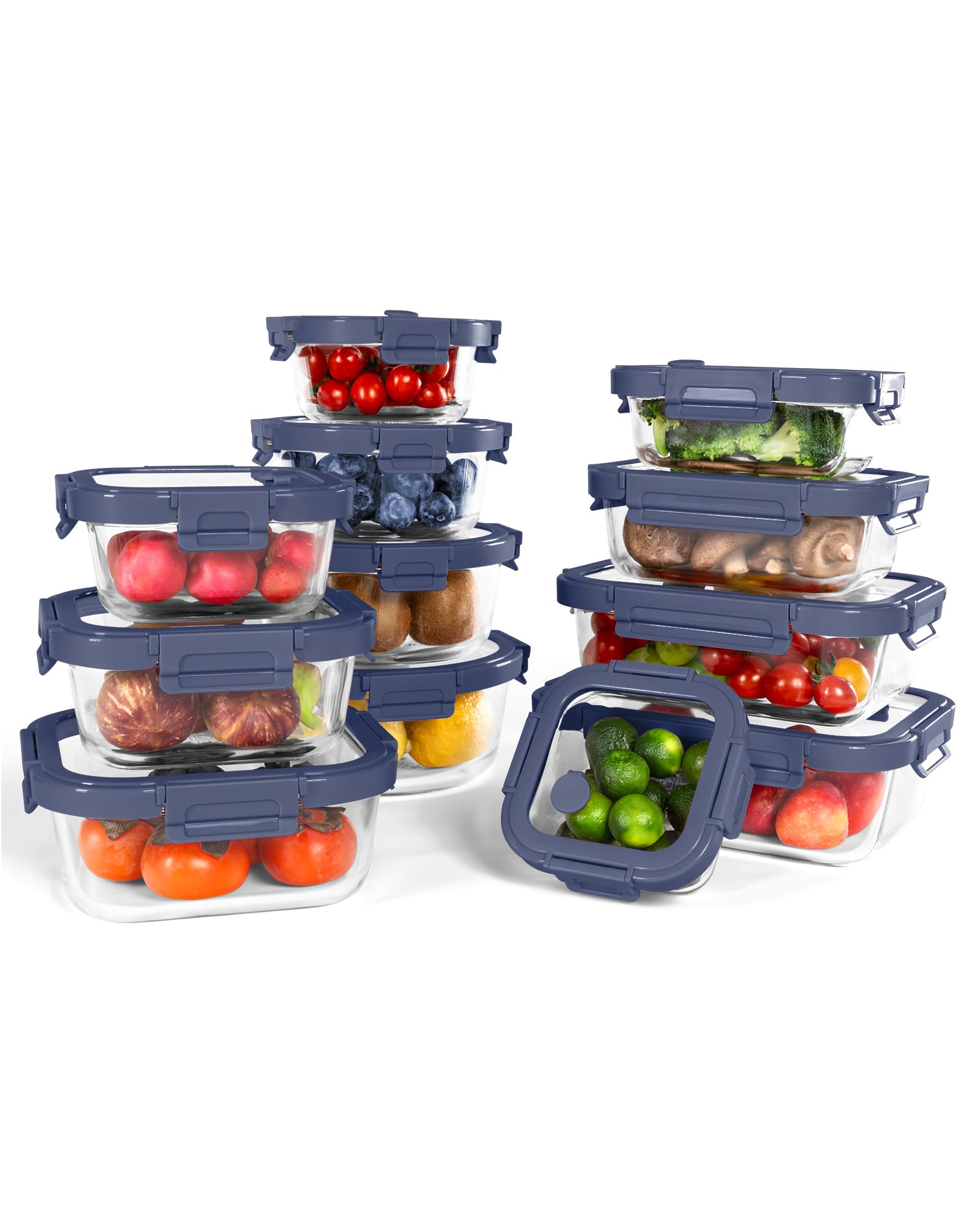 BOROHOUSE glass containers with blue lids ready for meal prep and organization.