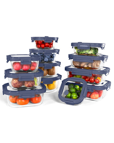 BOROHOUSE glass containers with blue lids ready for meal prep and organization.