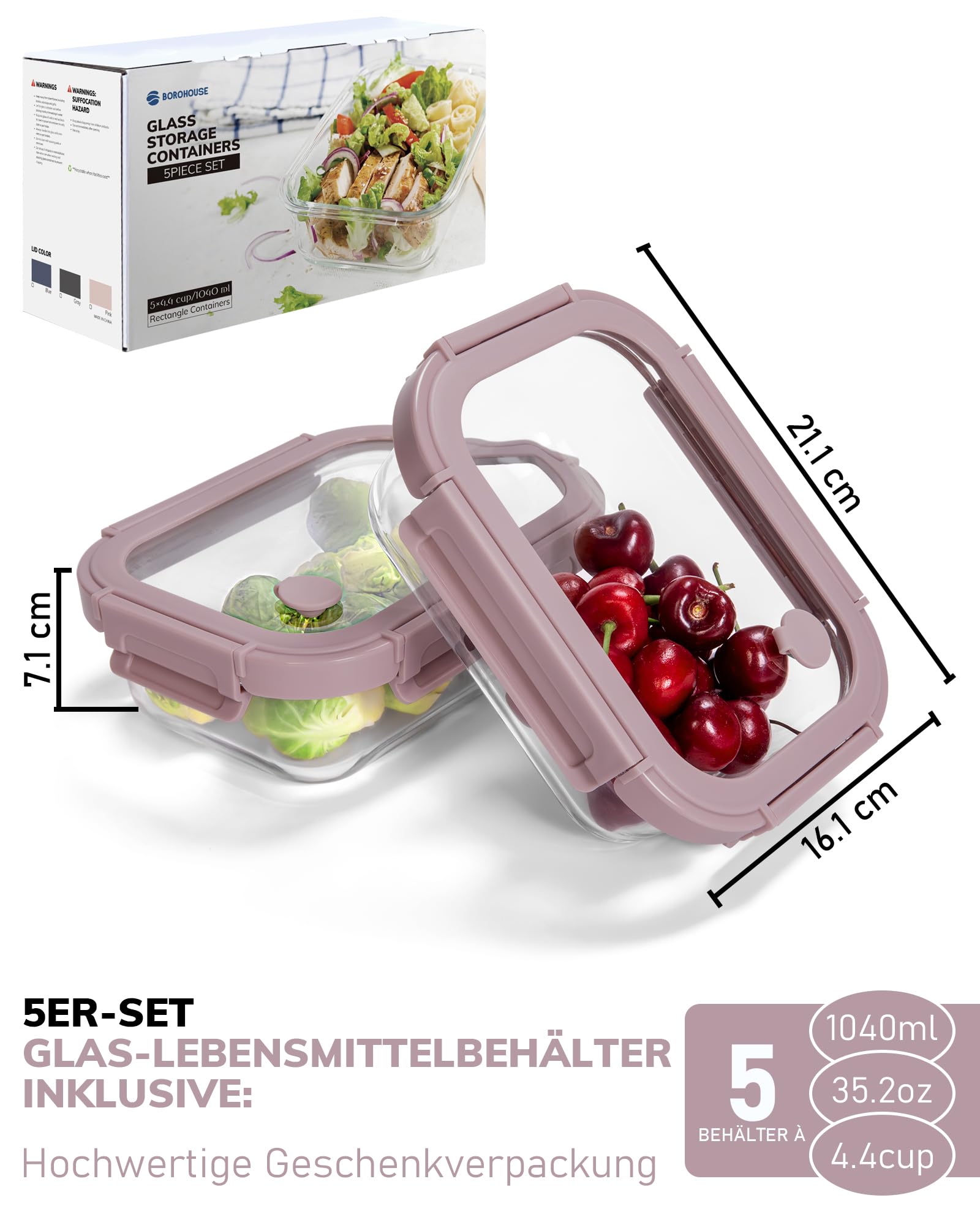 BOROHOUSE 35oz glass containers with secure lids for leftovers