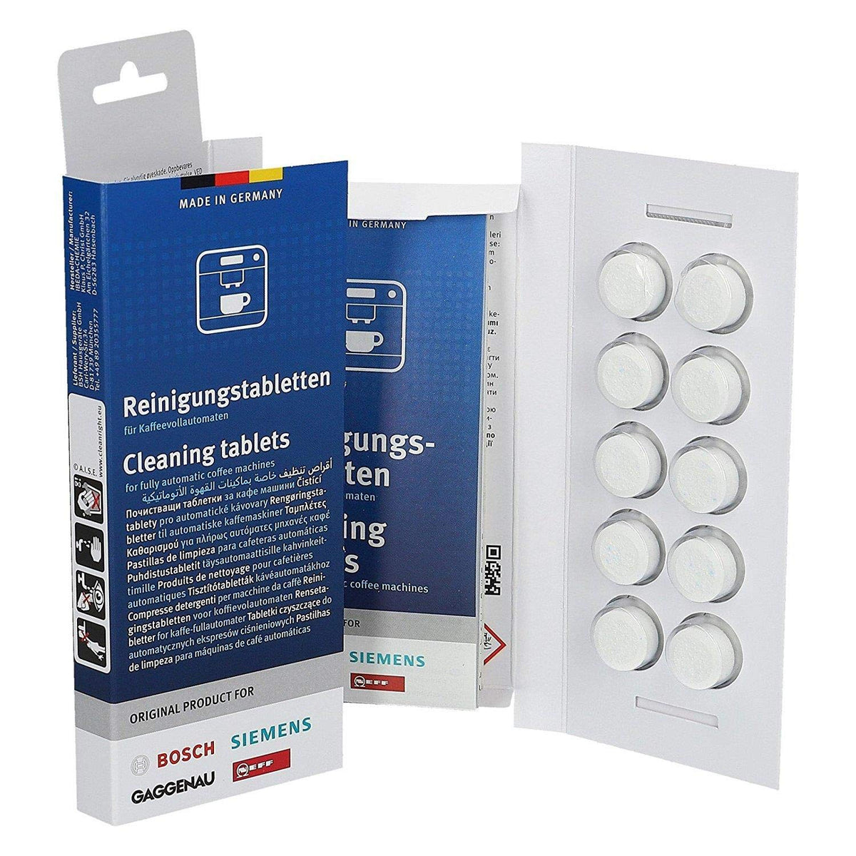 Bosch cleaning tablets packaging showing the product designed to remove coffee oil residues