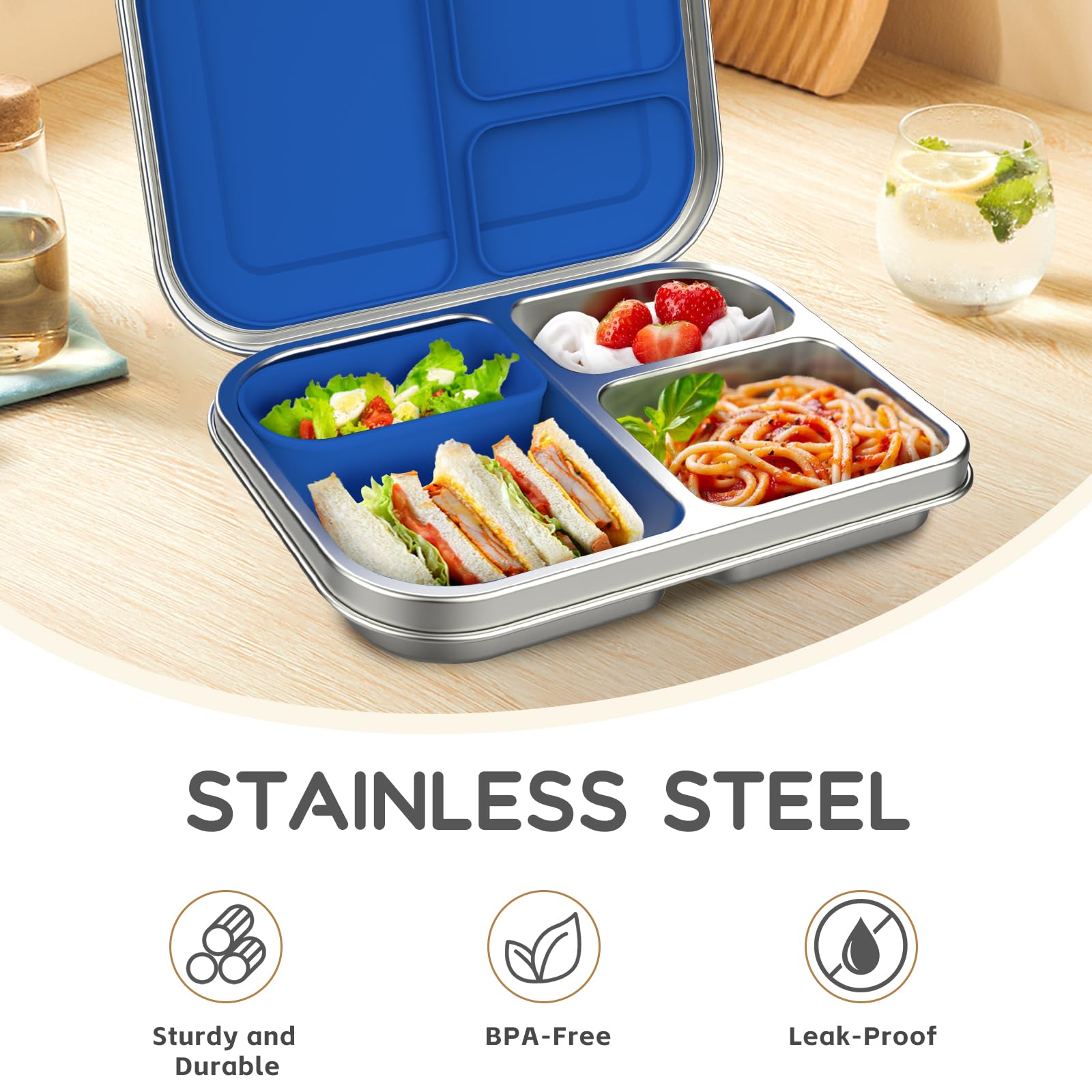 BOSEDSANG lunch box shows 3 compartments plus optional silicone container for snacks.