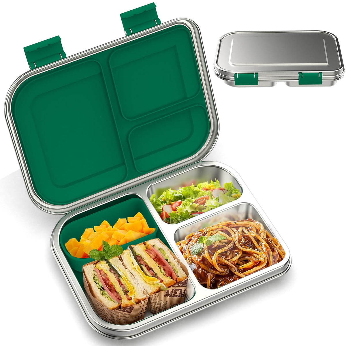 BOSEDSANG stainless steel kids lunchbox with three compartments keeps meals organized.