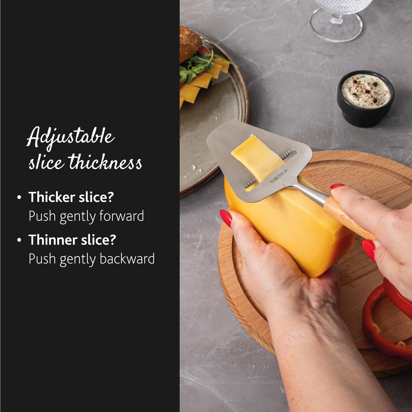 BSF treated non-stick surface reduces cheese sticking in Boska Amigo
