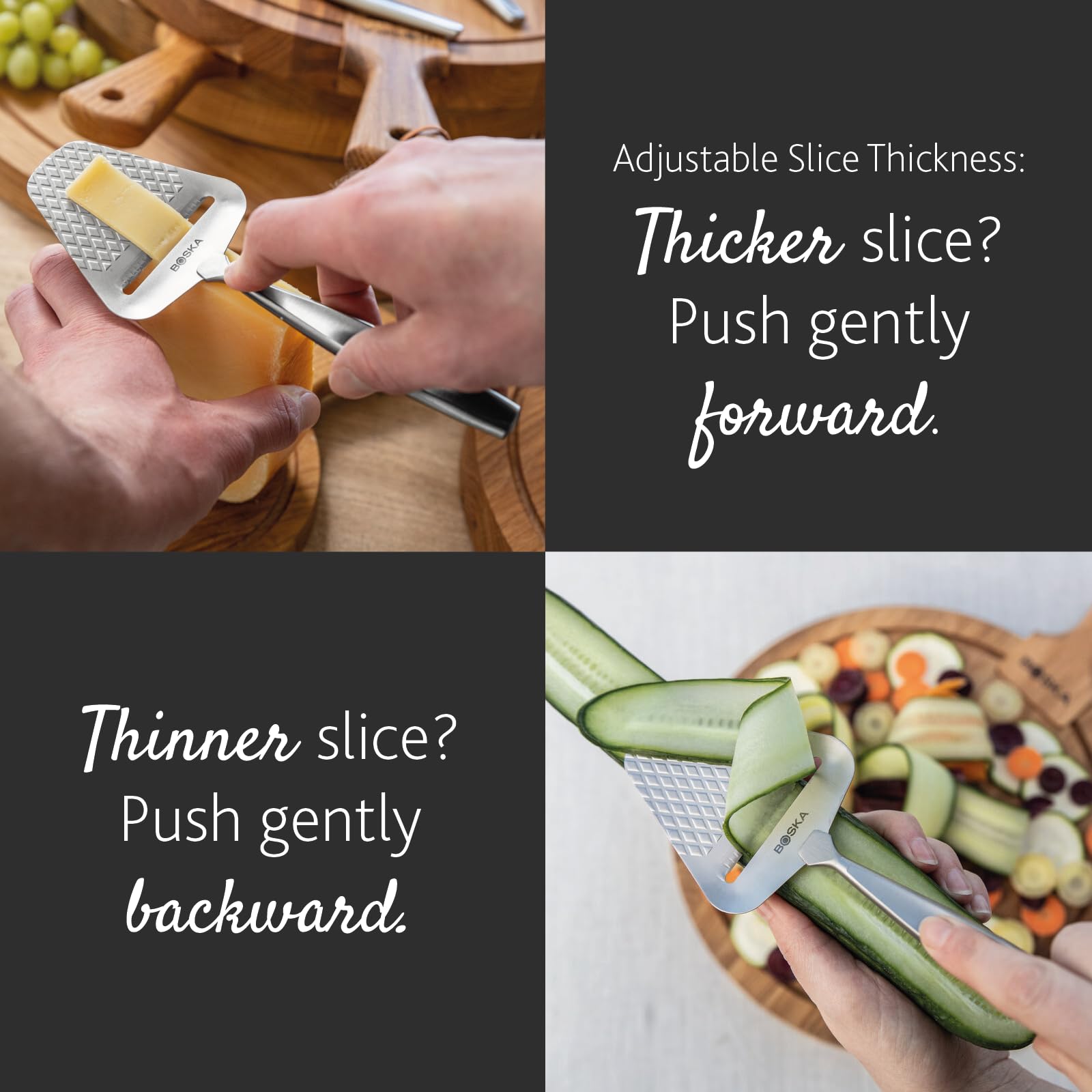 Boska Monaco+ cheese slices on board demonstrate uniform cuts.