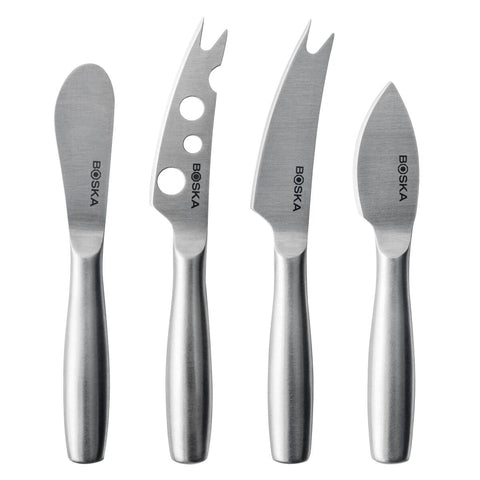 Boska stainless steel cheese knife set on board for versatile slicing
