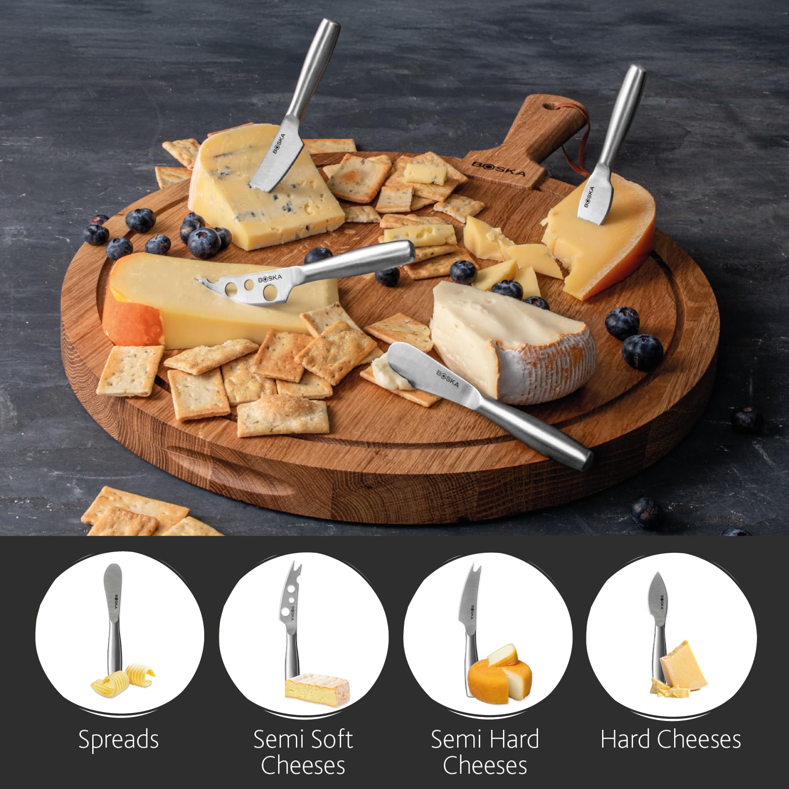 Close-up of Boska steel blades slicing soft to hard cheese