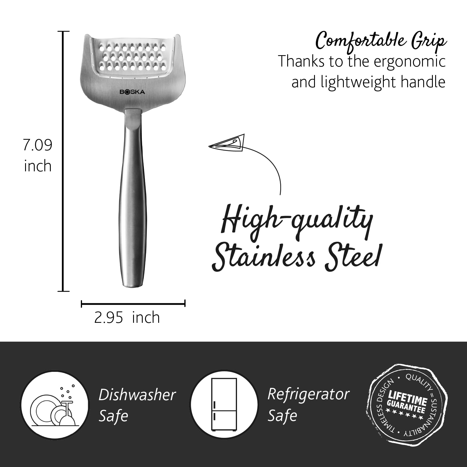 Boska grater with hollow handle design for comfortable use.