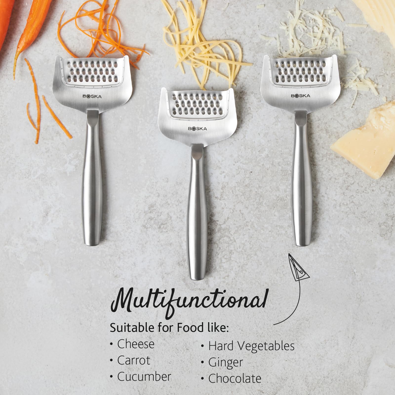 Boska grater shredding carrot for quick vegetable prep.