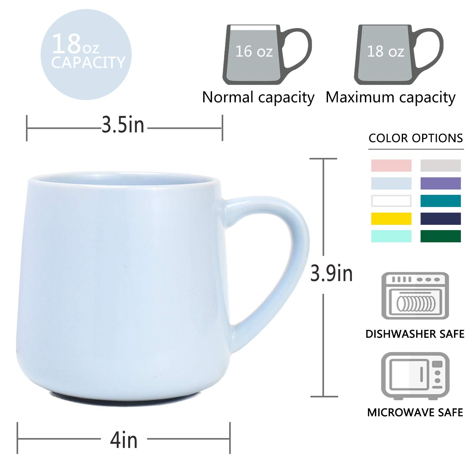Bosmarlin 18oz mug shows dishwasher-safe icon for easy cleaning