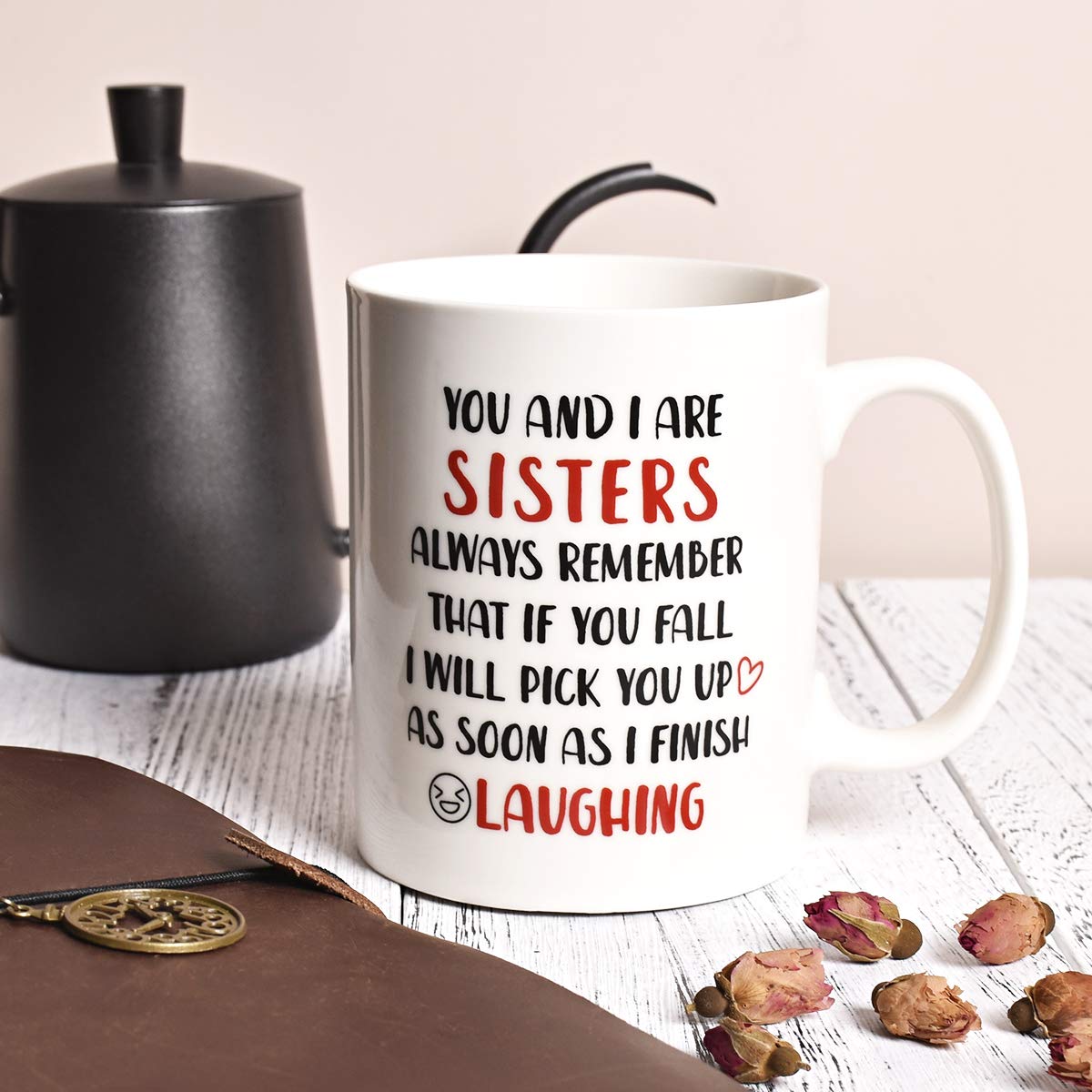 Bosmarlin Funny Sister mug on desk setup for office or home coffee moments.