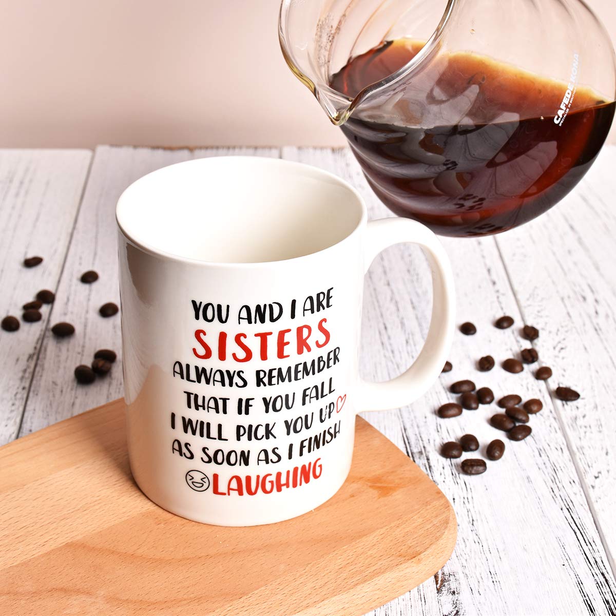 Bosmarlin Funny Sister mug with gift box signals ready-to-gift presentation.