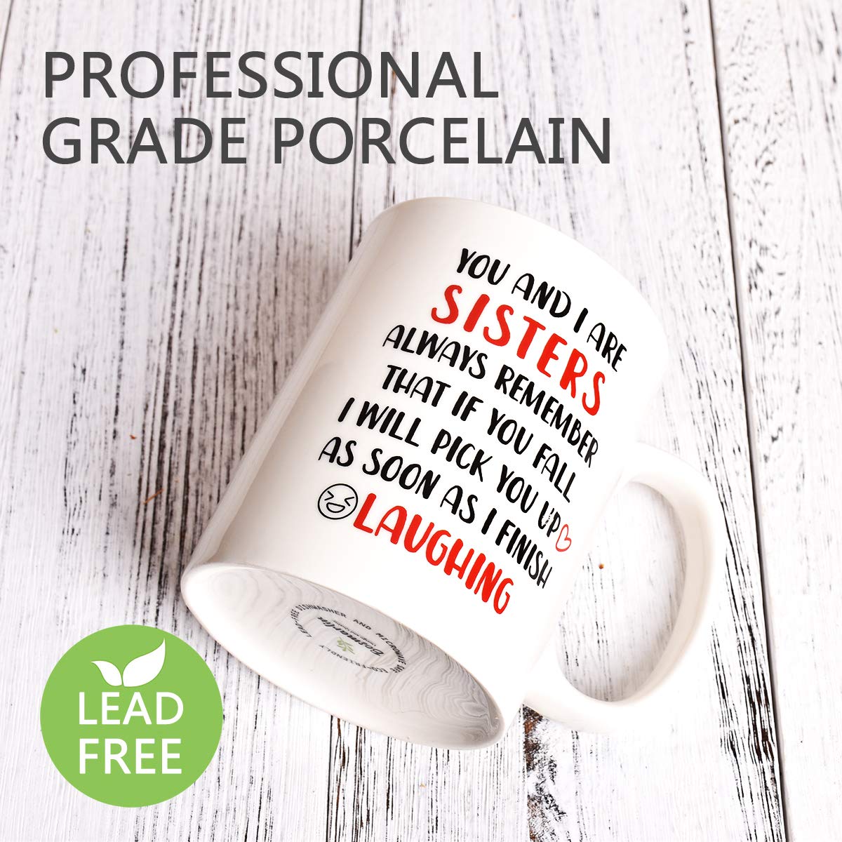 Bosmarlin Funny Sister mug side view highlights sturdy ceramic construction and durability.
