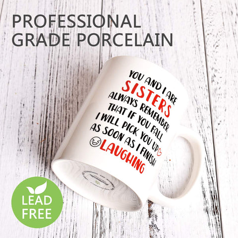 Bosmarlin Funny Sister mug side view highlights sturdy ceramic construction and durability.