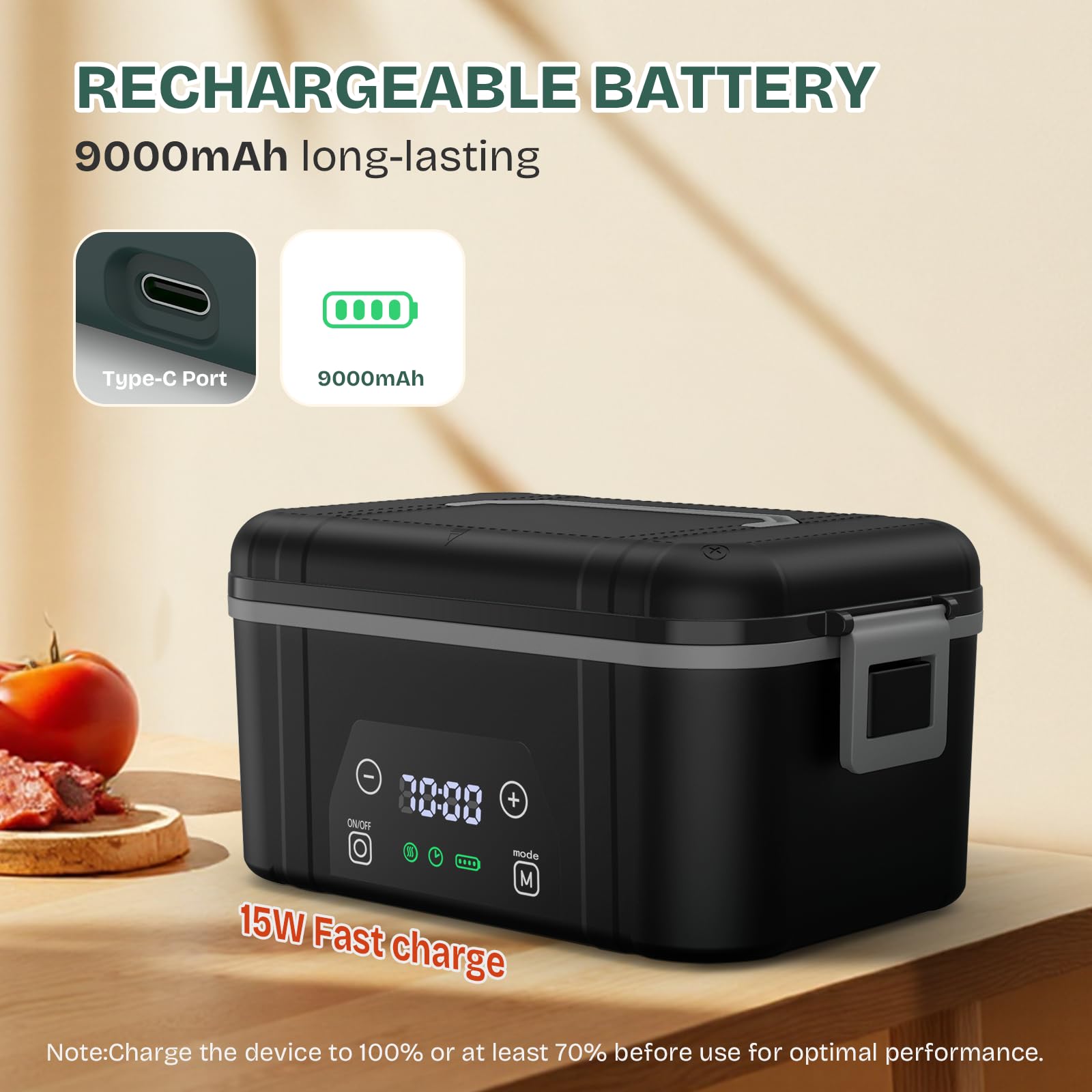 Bospewtse cordless heated lunch box battery-powered setup for cord-free warming.