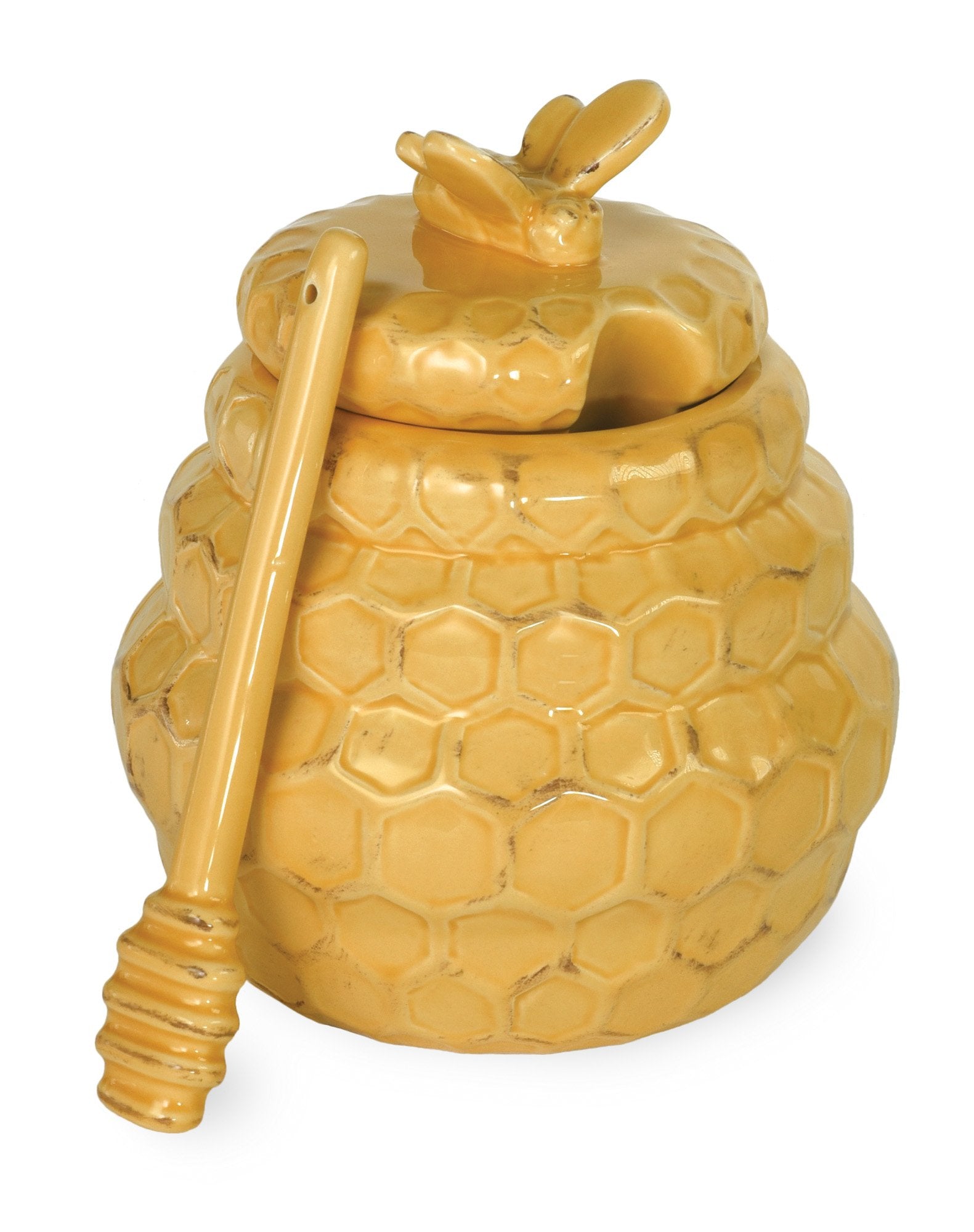 Boston International embossed honey pot with lid and dipper for elegant countertop serving.