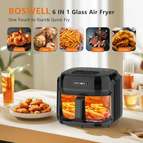 Boswell glass air fryer 7.5qt showing 360° hot air circulation for even cooking.