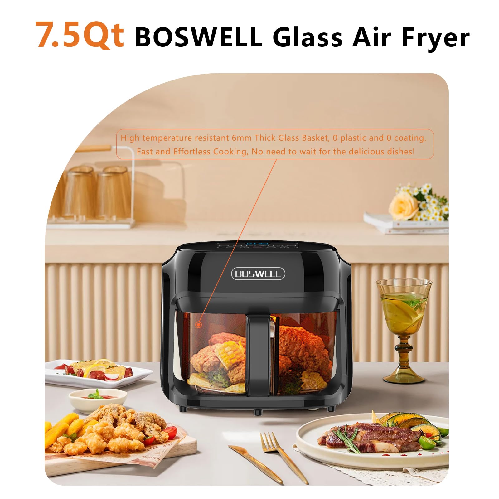 Boswell glass air fryer 7.5qt control panel with presets for fast, guided cooking.