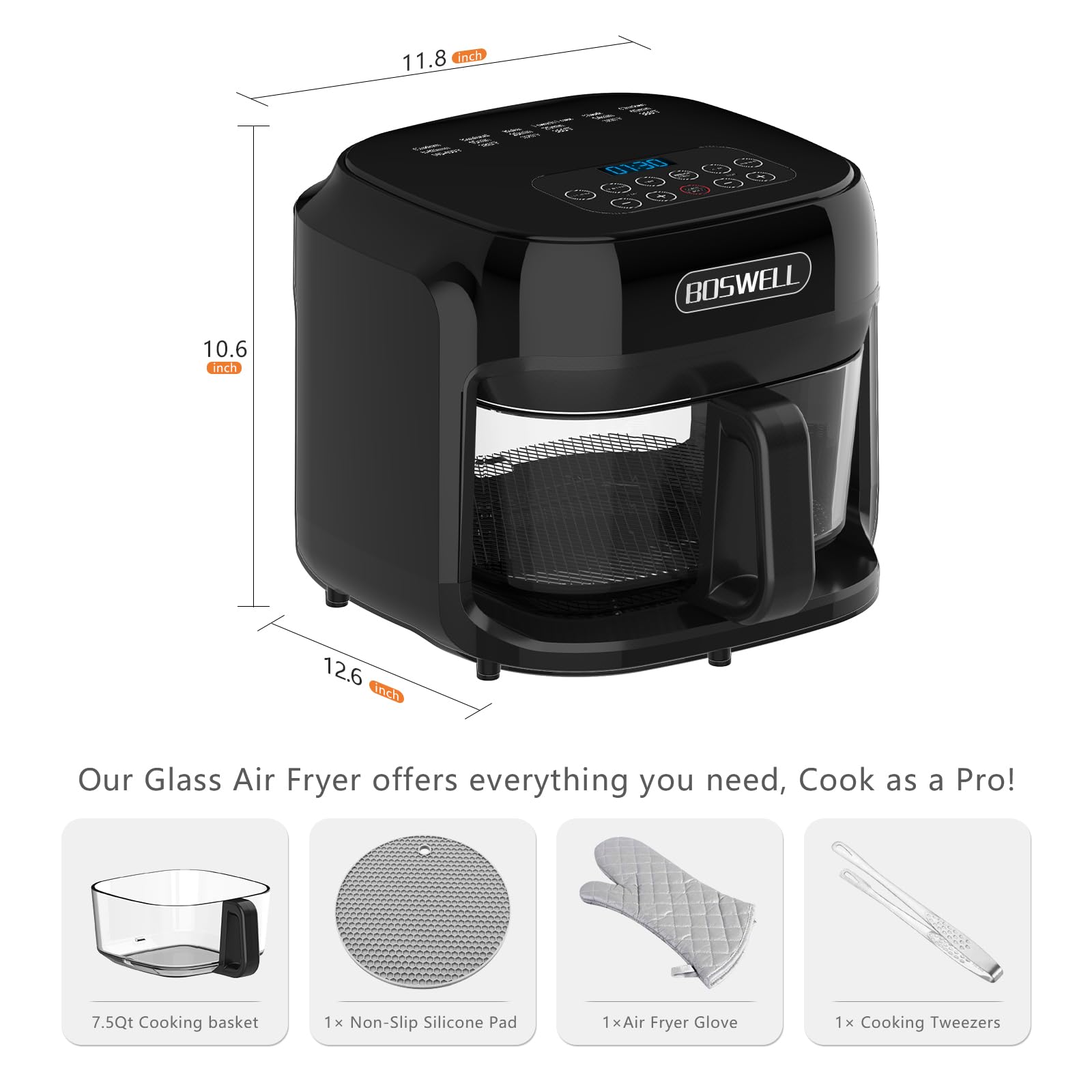 Boswell 7.5qt air fryer includes insulated gloves and silicone mats for safer handling.