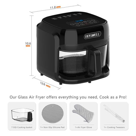 Boswell 7.5qt air fryer includes insulated gloves and silicone mats for safer handling.
