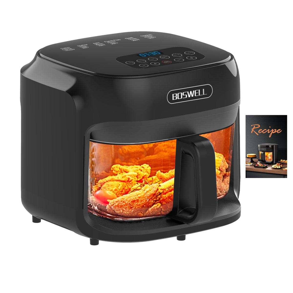 Boswell glass air fryer 7.5qt with transparent fry bowl for real-time browning monitoring and crisping.