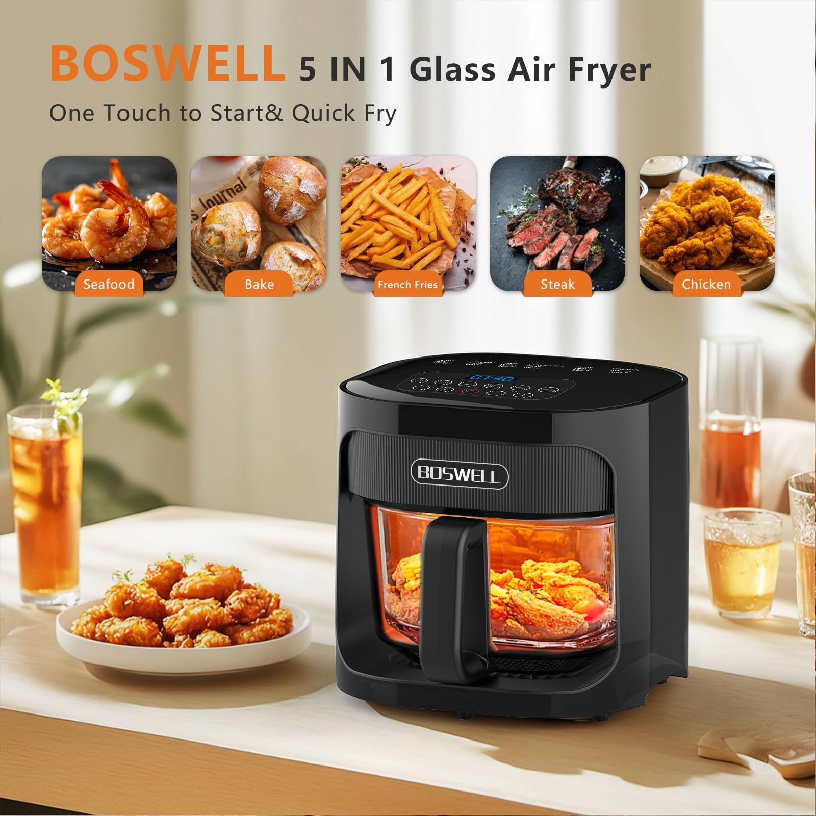 BOSWELL Glass Air Fryer transparent bowl, monitor progress without opening the lid