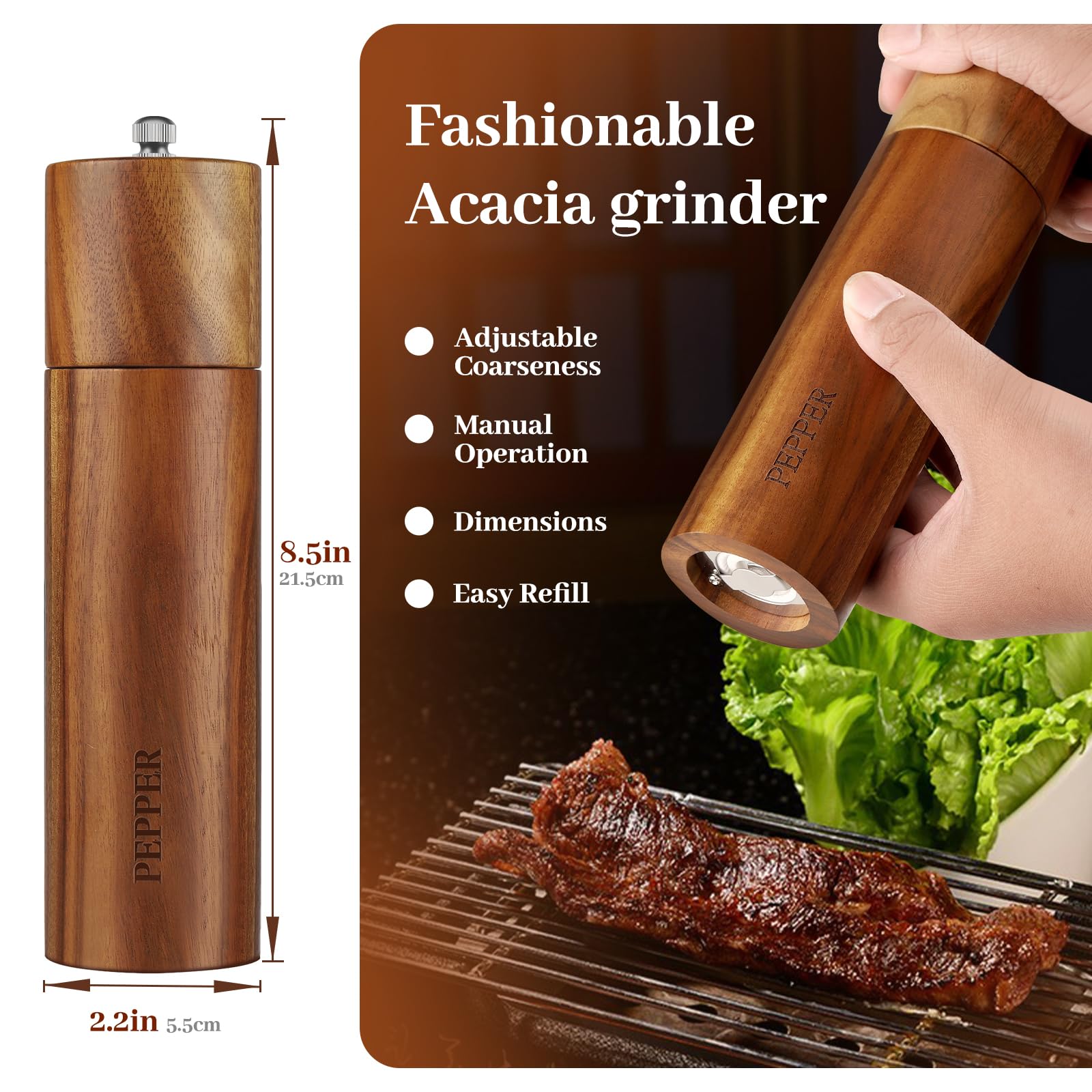 BOTOP acacia wood grinder close-up shows ceramic core and smooth grip