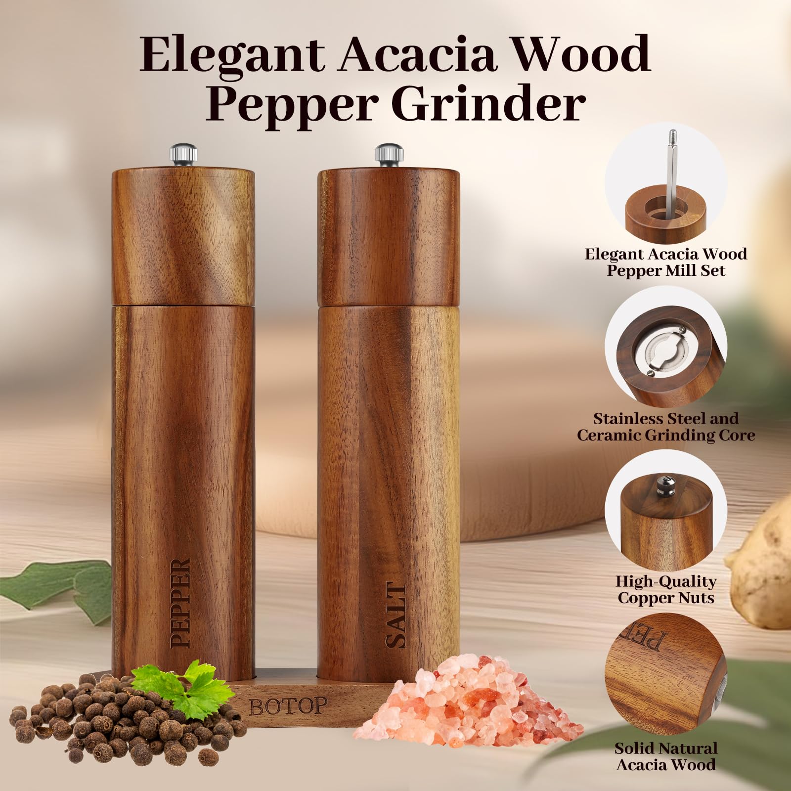 BOTOP grinder with adjustable coarseness nut for fine to coarse grind