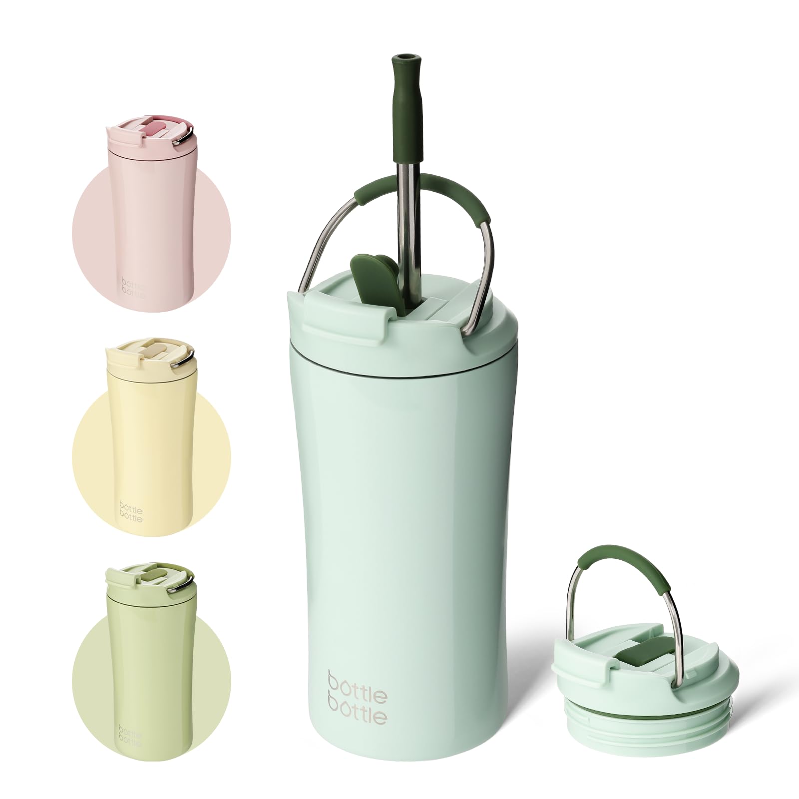 BOTTLE BOTTLE green coffee tumbler, front view, durable insulation for hot or iced drinks.