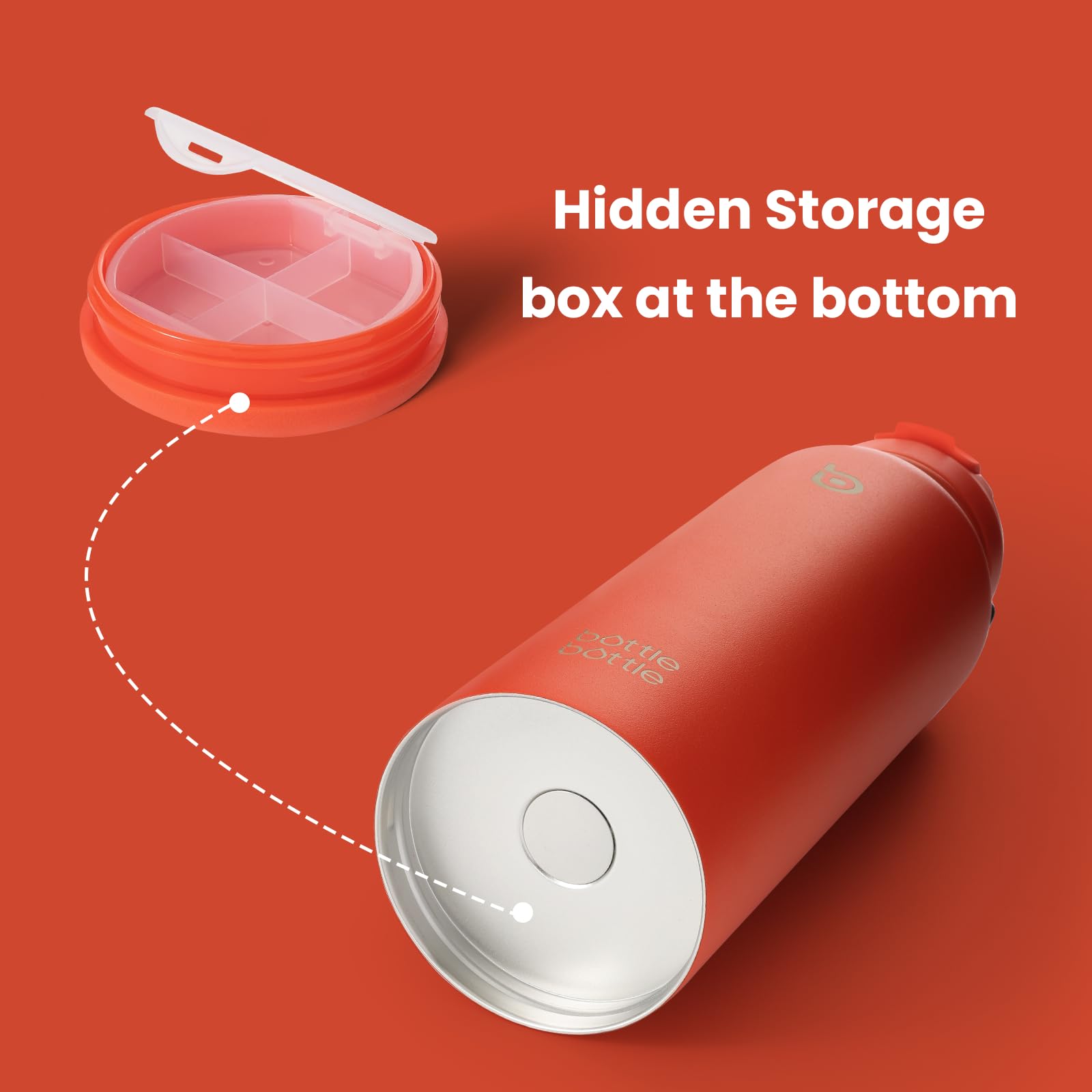 BOTTLE BOTTLE 40 oz shows bottom pill box, great for vitamins or coins.
